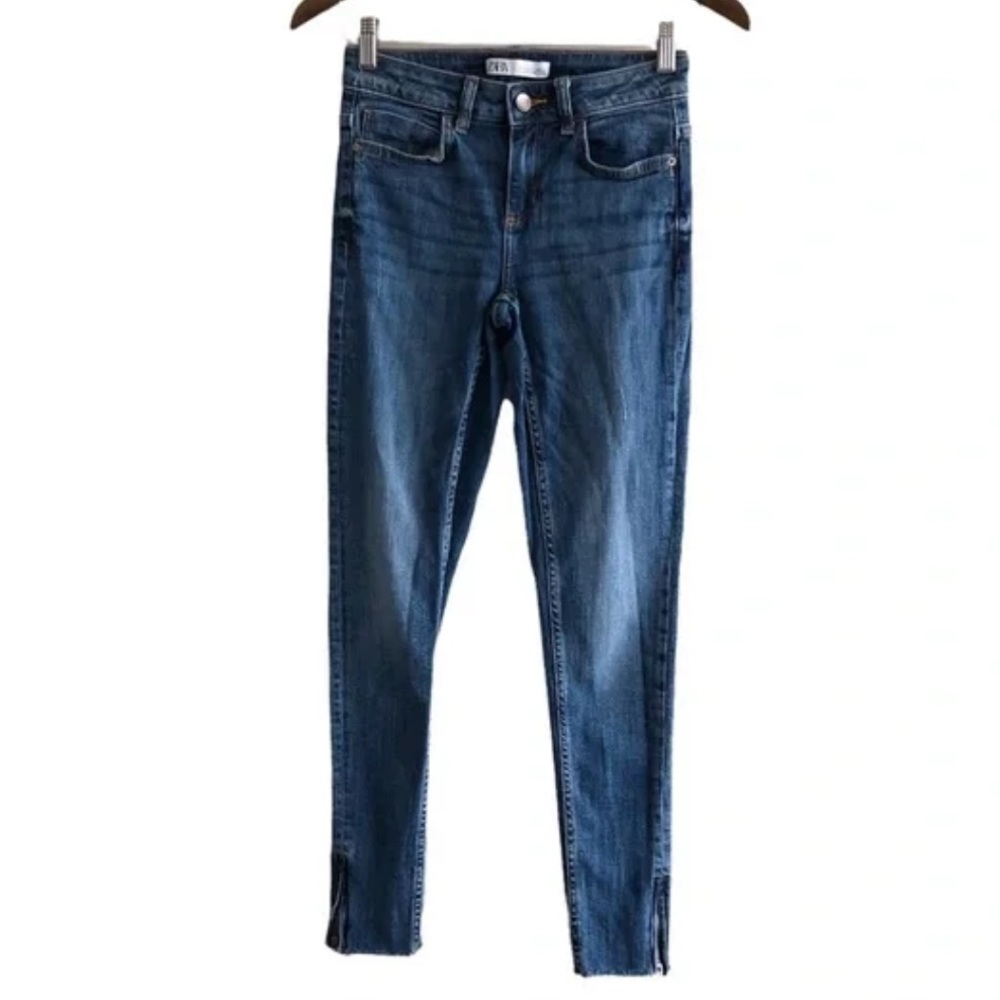 Zara High Rise Waist Skinny Leg Fit Zipper Hem Stretch Denim Jeans Pants Blue